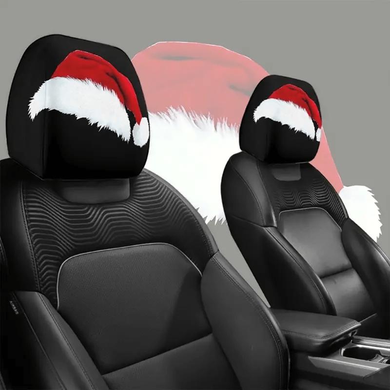 Holiday Car Headrest Cover Set, Slip On Polyester Fabric Washable for Christmas Cabin Style, Daily Driving, and Family Cars