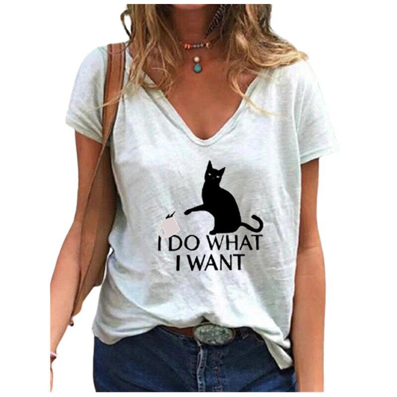 

Fashion Spring Black Cat Print Blouses Short Sleeved V-Neck T Shirts Casual XS синий