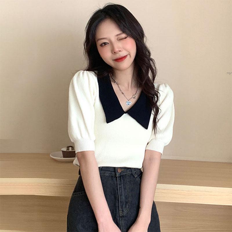 

Вязаный свитер с французским кукольным воротником, женский дизайн, ниша, корейская версия, тонкий модный топ с короткими пышными рукавами S белый