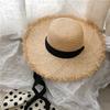 Sombrero de rafia con lazo para mujer, sombrero plano de paja, con lazo, para playa y mar, color blanco y negro, novedad