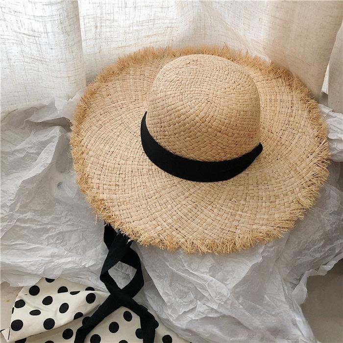 Sombrero De Rafia Con Lazo Para Mujer, Sombrero Plano De Paja, Con Lazo, Para Playa Y Mar, Color Blanco Y Negro, Novedad