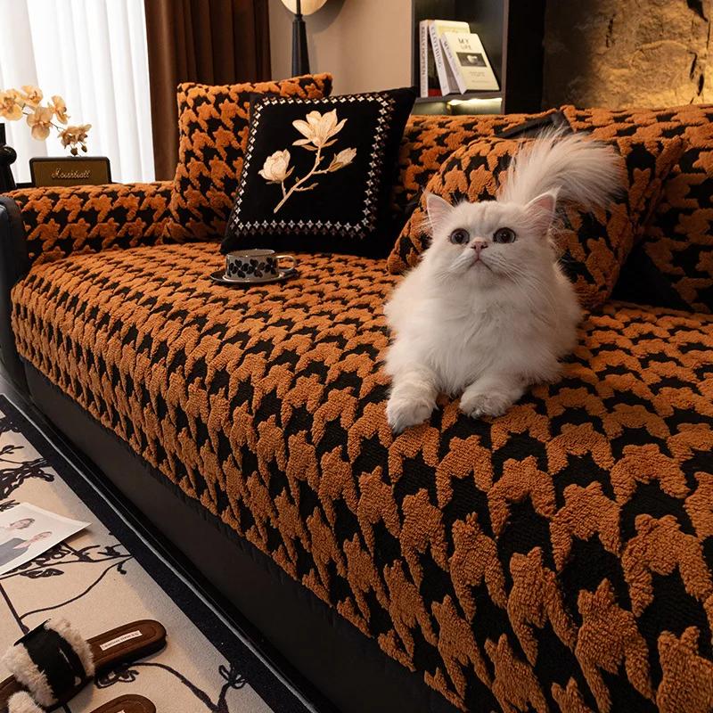 Winter Super Soft Thick Plush Sofas Covers Grid Pattern Warm Winter Luxury Full Cover Slipcover Sofa Towel Living Room Decor