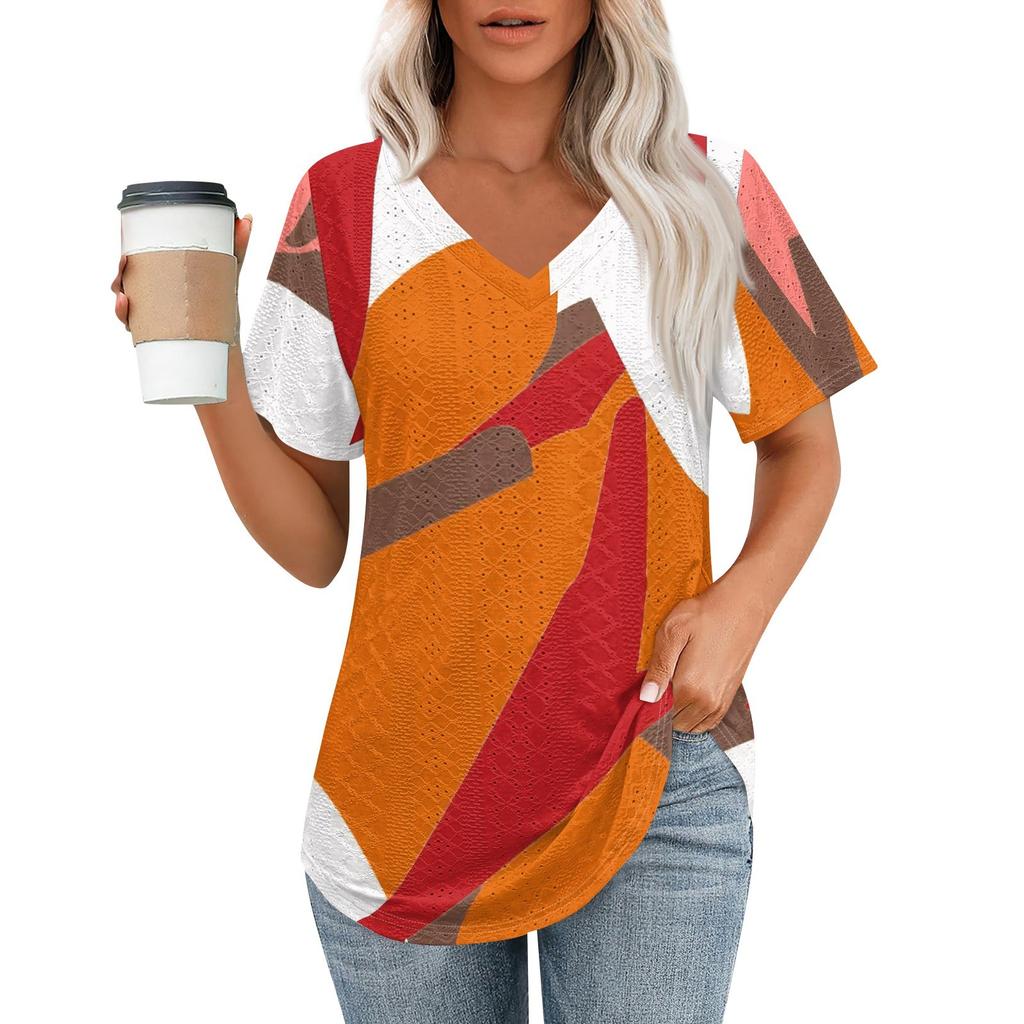 Dámská trička s výstřihem do V, s krátkým rukávem, ležérní topy, volný střih, základní trička se zakulaceným lemem