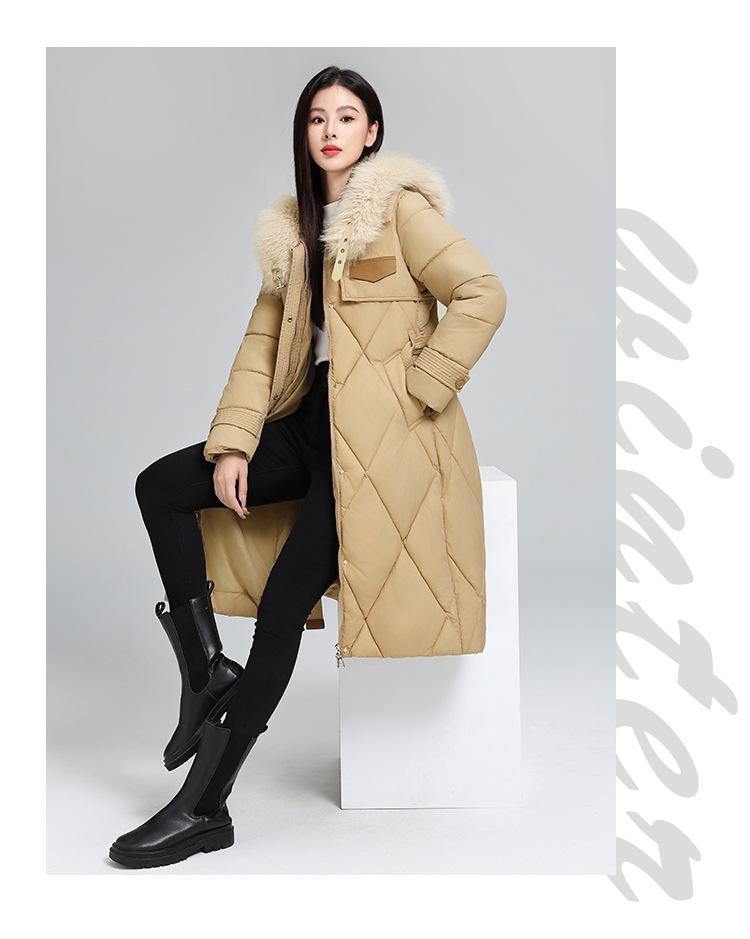 Stor størrelse Høst og vinter damefrakk ensfarget pelskrage midje slanking mellomlang fortykket vindtett damejakke