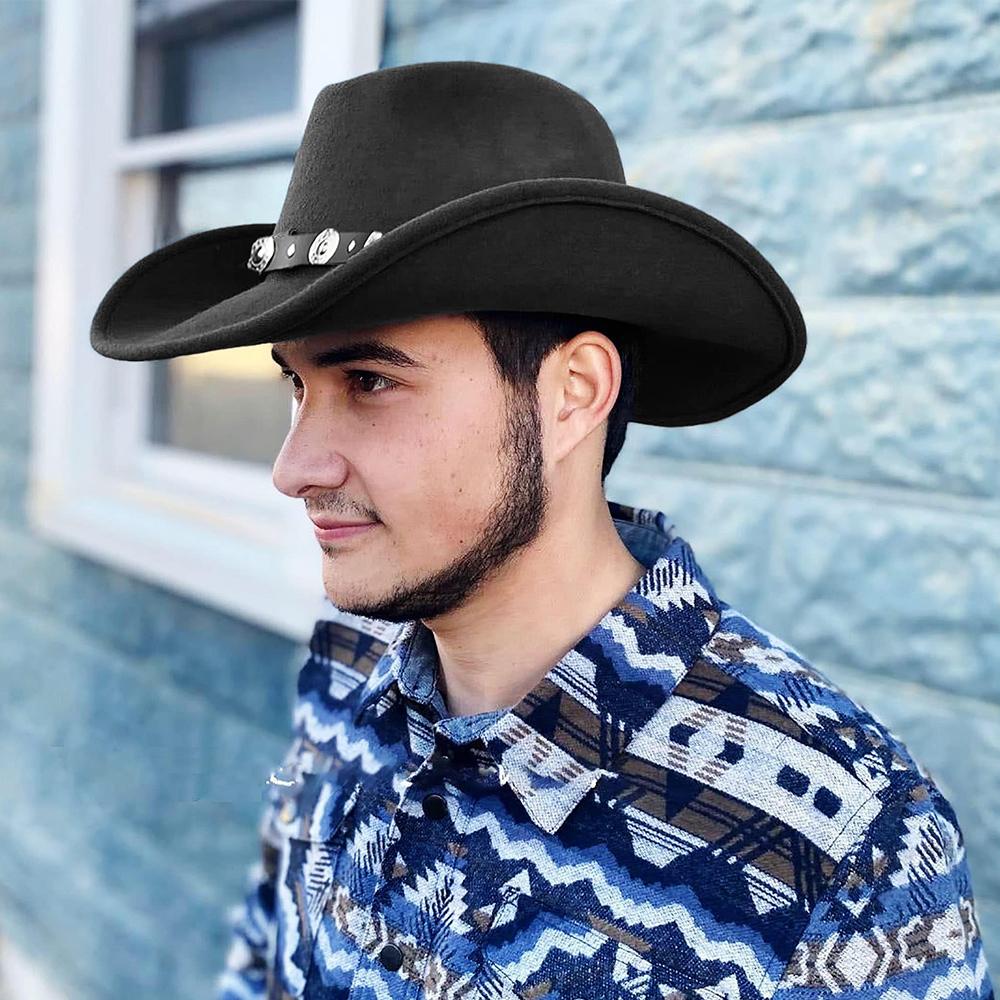 Vintage Zachodnie Kapelusze Kowbojskie z Podwiniętym Rondem Szerokorondo Fedora w Stylu Etnicznym ze Sztucznymi Srebrnymi Akcentami Kapelusz Filcowy dla Kobiet i Mężczyzn