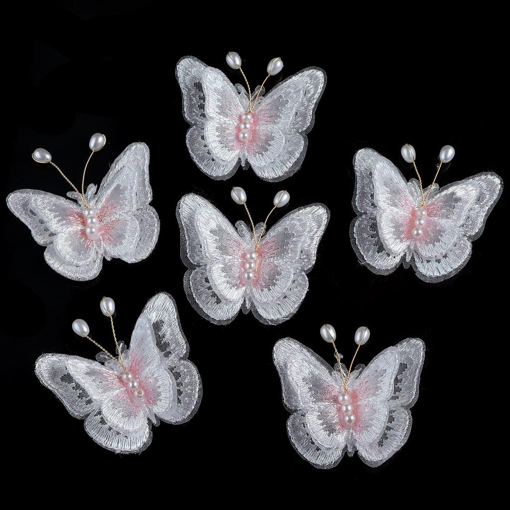 6pcs Double Layer Pearl Mesh Lace Butterfly Patches For Clothes Sewing Supplies DIY Hair Clip Accessories Butterfly Appliques
