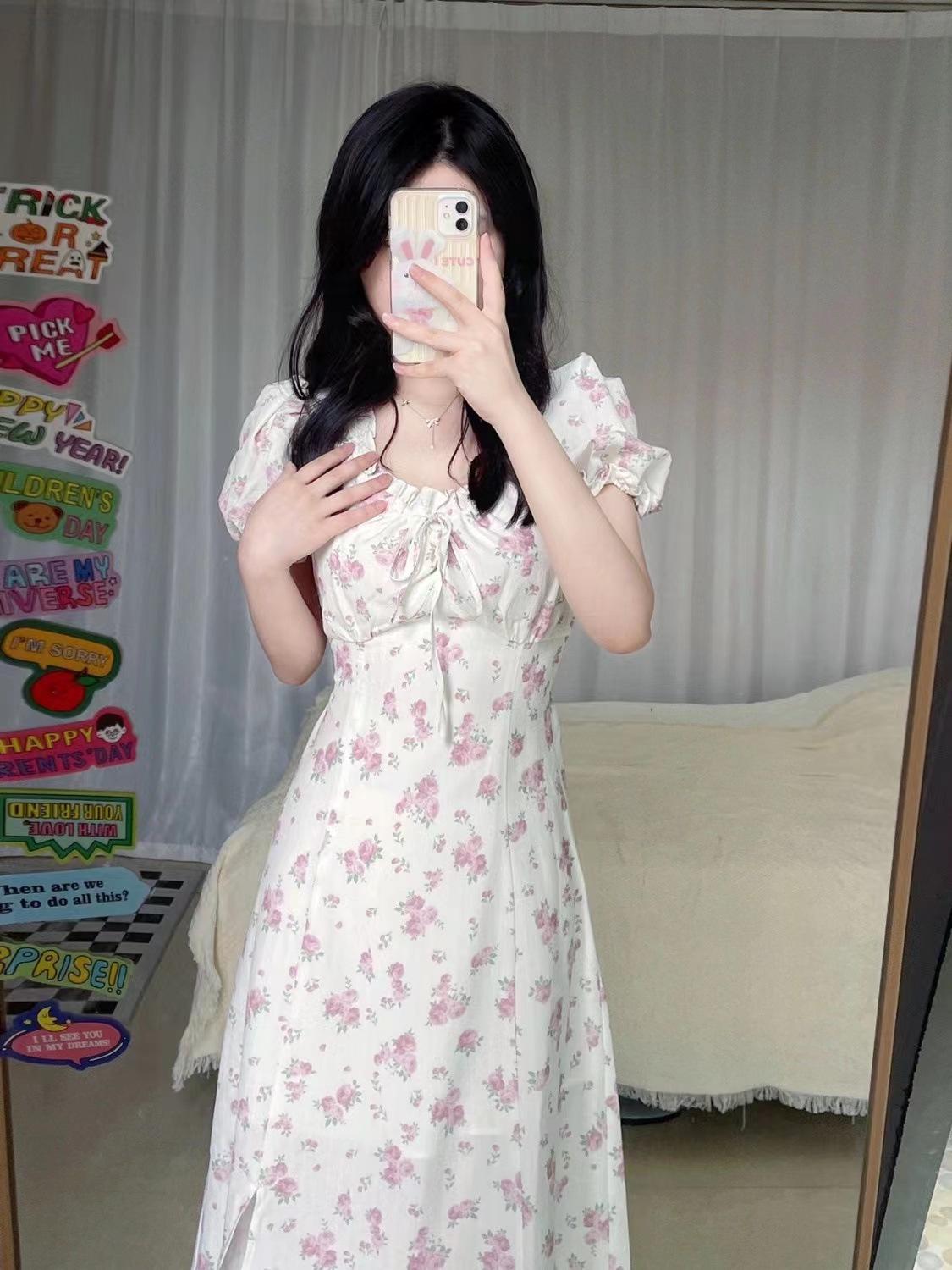 

2024 Лето Французский Ретро Цветочный Буфы Рукава Шнуровка Талия Утягивающее Платье S