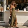 Women's Sleeveless Maxi Dress, Square Neck Spaghetti Strap Casual Long Dress, Summer Slit Beach Vacation Sundress