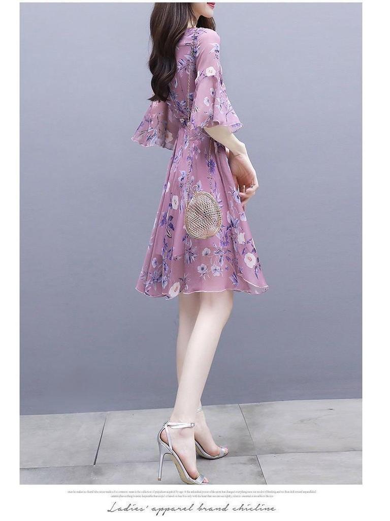 2025 Summer Women's Slim Waist Midi Floral Dress