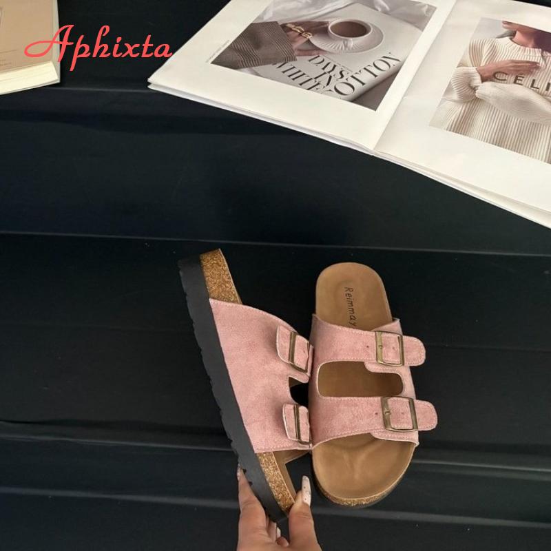 Aphixta Cork Clogs Slippers For Women Classic Suede Summer Sandals Outdoor Beach Shoes With Adjustable Metal Buckle