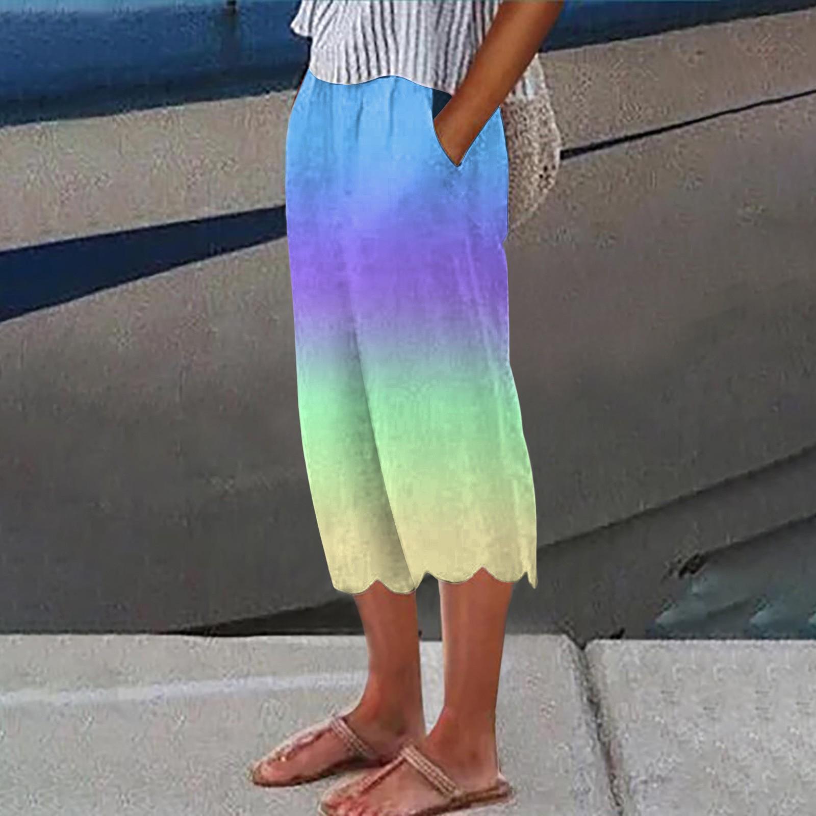 

Женские летние брюки из хлопка и льна с принтом. Женские модные свободные повседневные широкие брюки с высокой талией. Повседневные укороченные брюки. L синий