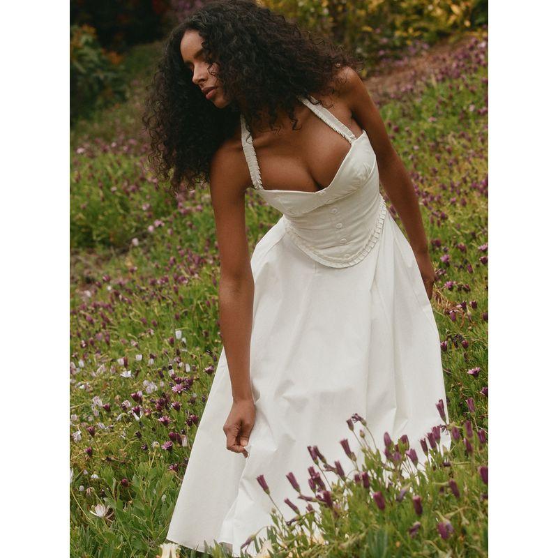 Sweet White Moonlight House Same Style French Style Sweet Romantic Lace Design Sense Elegant Hanging Neck Waist Hugging Dress