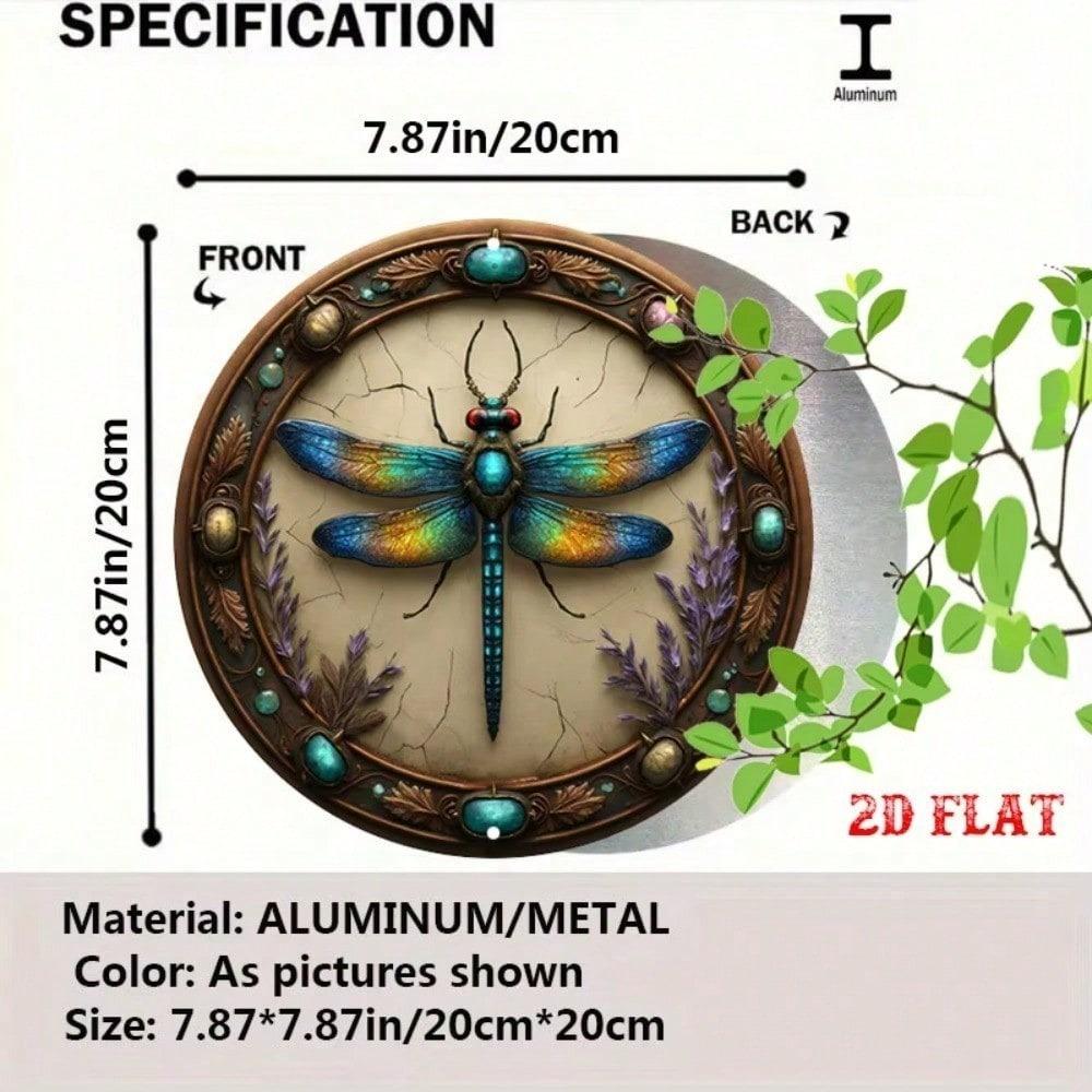 Vintage Dragonfly Metal Sign Round Aluminum Wall Art Rustic Farmhouse Garage Cafe Wildlife Decor