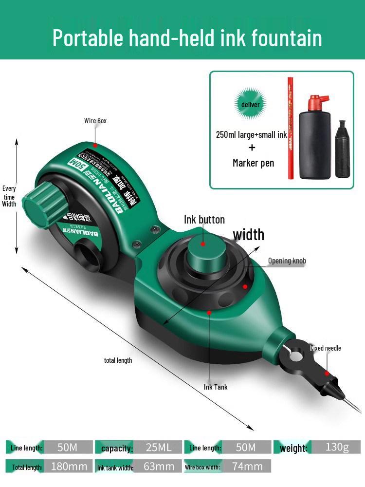 Hand-Crank Wooden Ink Marker, Drop-Resistant Line Tool for Construction Layout