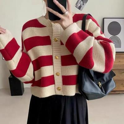 Autumn Striped Round Neck Knitted Cardigan Women Sweater Fashion Long Sleeve Loose Short Sweaters Jacket Women Slim Fit Winter Female Cardigans 25565