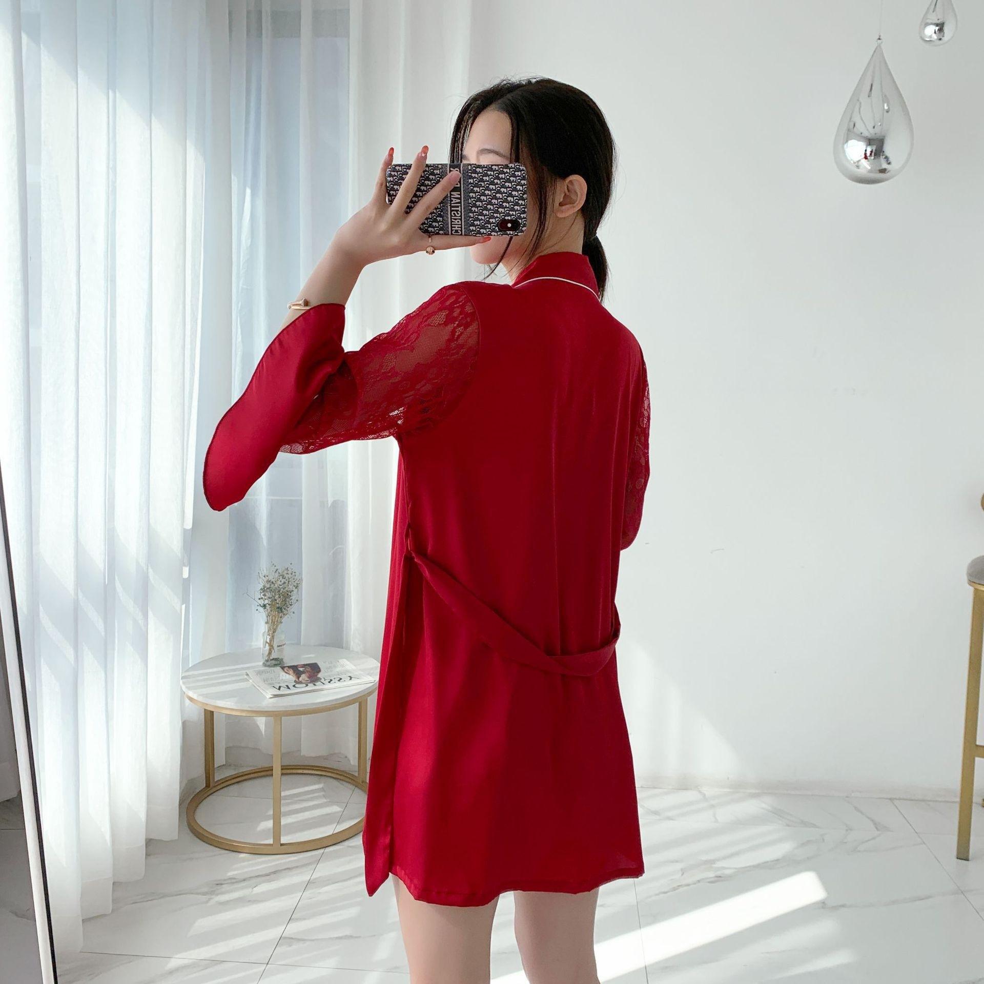 

Pajamas women s summer sexy ice silk nightgown thin bathrobe medium and long bathrobe bridal makeup dressing gown loungewear One size fits all