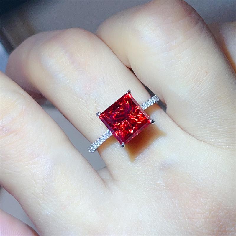 Red Princess Square 5-Carat Moissanite Ring: Elegant European & American Style for Women