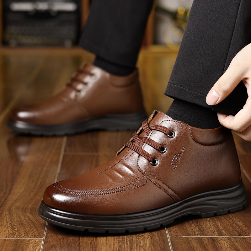 Dad shoes, leather shoes, winter velvet, medium-top lace-up boots, middle-aged and elderly cotton shoes, warm men's shoes