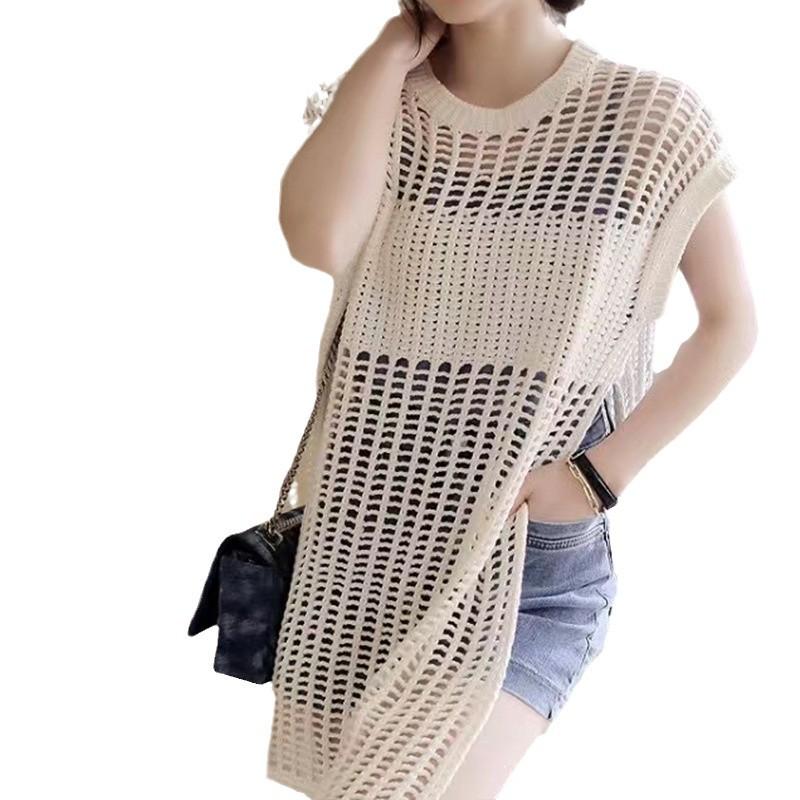 New Summer Hollow-Out Knit Cover-Up: Women's Mid-Length Side Slit Fashionable Top/Dress