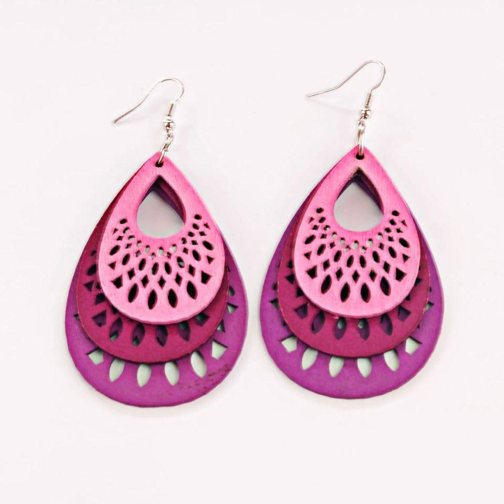 Bohemian Wood Drop Earrings Mixed Color Vintage Dangle Earrings Summer Large Ethnic Earring  Party