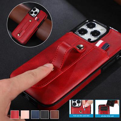 Bilek Kayışı ve Sürgülü Kart Yuvası ile Deri Cüzdan Kılıf iPhone 15 14 13 12 11 Pro Max XS MAX XR Samsung S23 S22 S21 Ultra Plus A14 A13 A53 A54