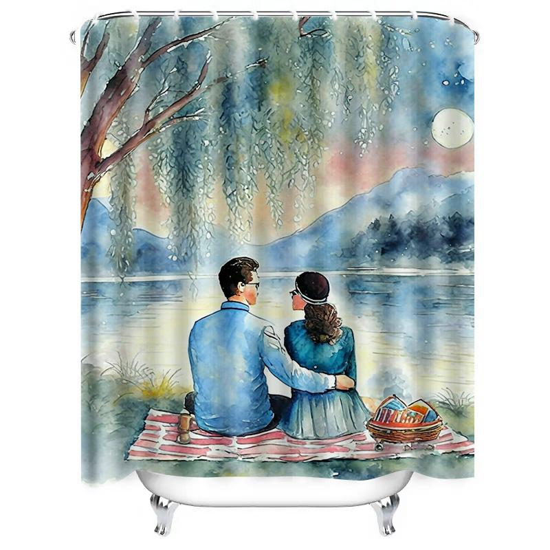 Romantic Couple By The Lake Waterproof Shower Curtain