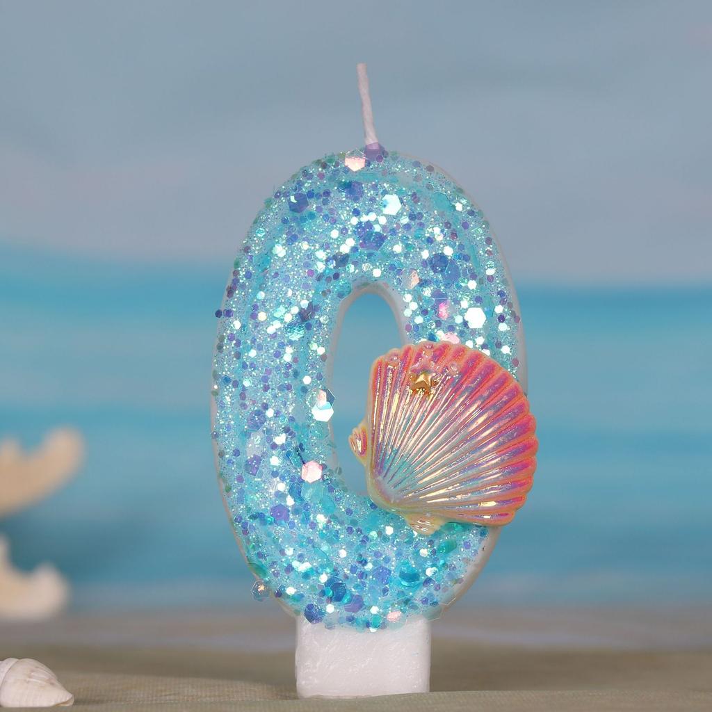 Ocean Mermaid Theme Cake Candles 0-9 Numbers Blue Cake Topper with Sequins Girls Birthday Party Cake Decoration Supplies Boys
