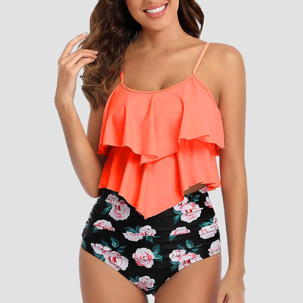 Dames Vintage Zwempakken Vrouwelijke Ruche Geplooide Split Zwempak Elegant Conservatief Zwempak Hoge Taille Broekjes Temperament Bikini