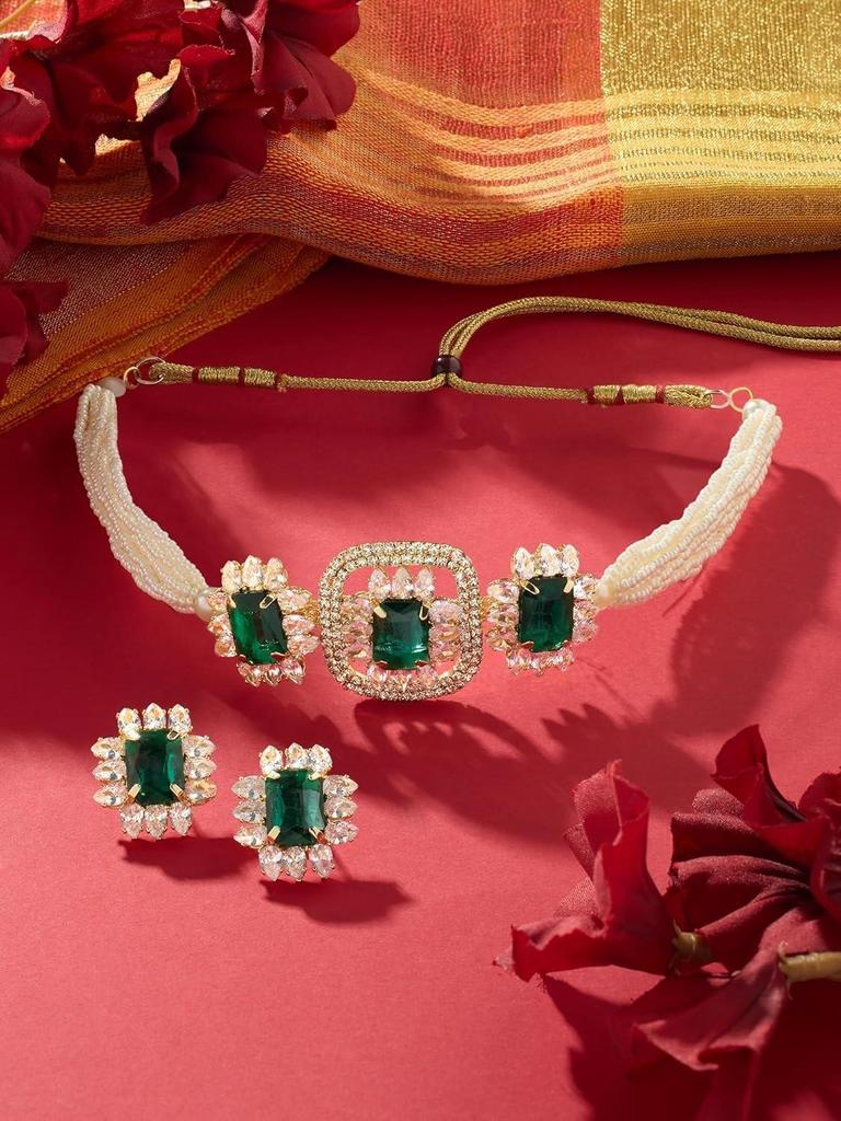 Green Statement Stones Embellished Multistrand Beaded Choker Necklace & Earring Set For Women