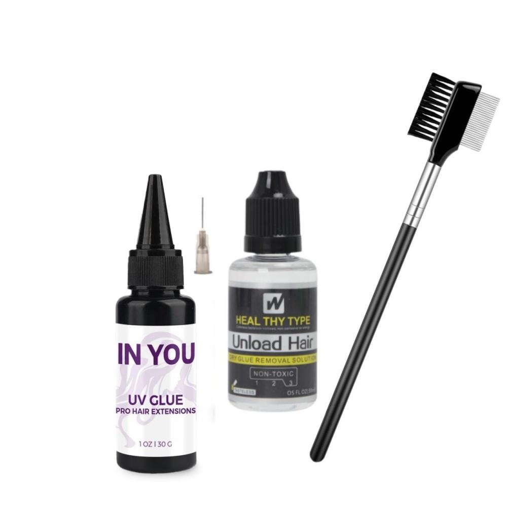 

Professional UV Hair Extension Kit with Super Fast Remover, 30g Glue & Comb for Easy Invisible Bonds A set
