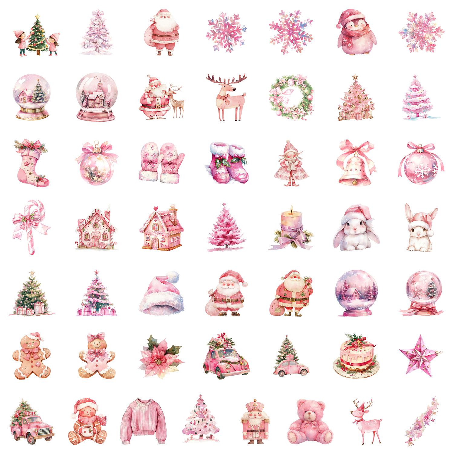 Waterproof Pink Christmas Doodle Stickers, 50/100 Sheets - Decorative Cartoon Stickers for Water Bottles and Phones
