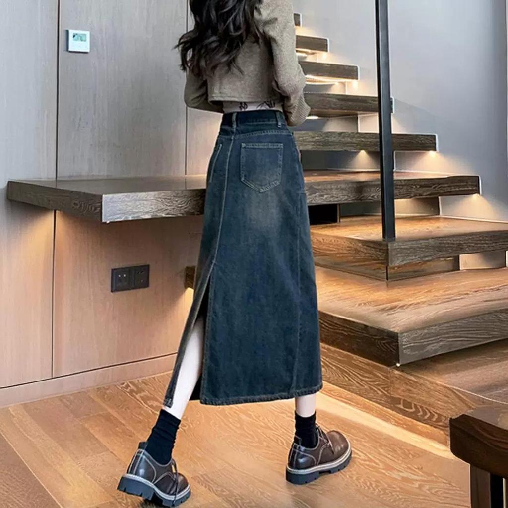 Spring & Autumn High-Waisted A-Line Denim Skirt for Petite Women - Mid-Length with Hip-Hugging Slit