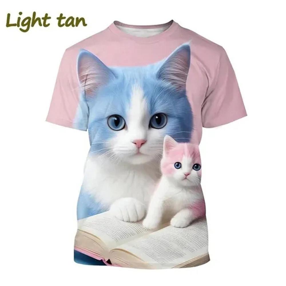 Children's T-Shirt Cute Cat Graphic Girl Round Neck Kids Clothes Fashion Summer Top