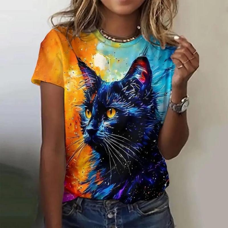 Summer O-Neck Short Sleeve Women's T-Shirt 3d Printed Black Cat Pattern T-Shirt Pullover Top Fashion Street Female Clothing 2024
