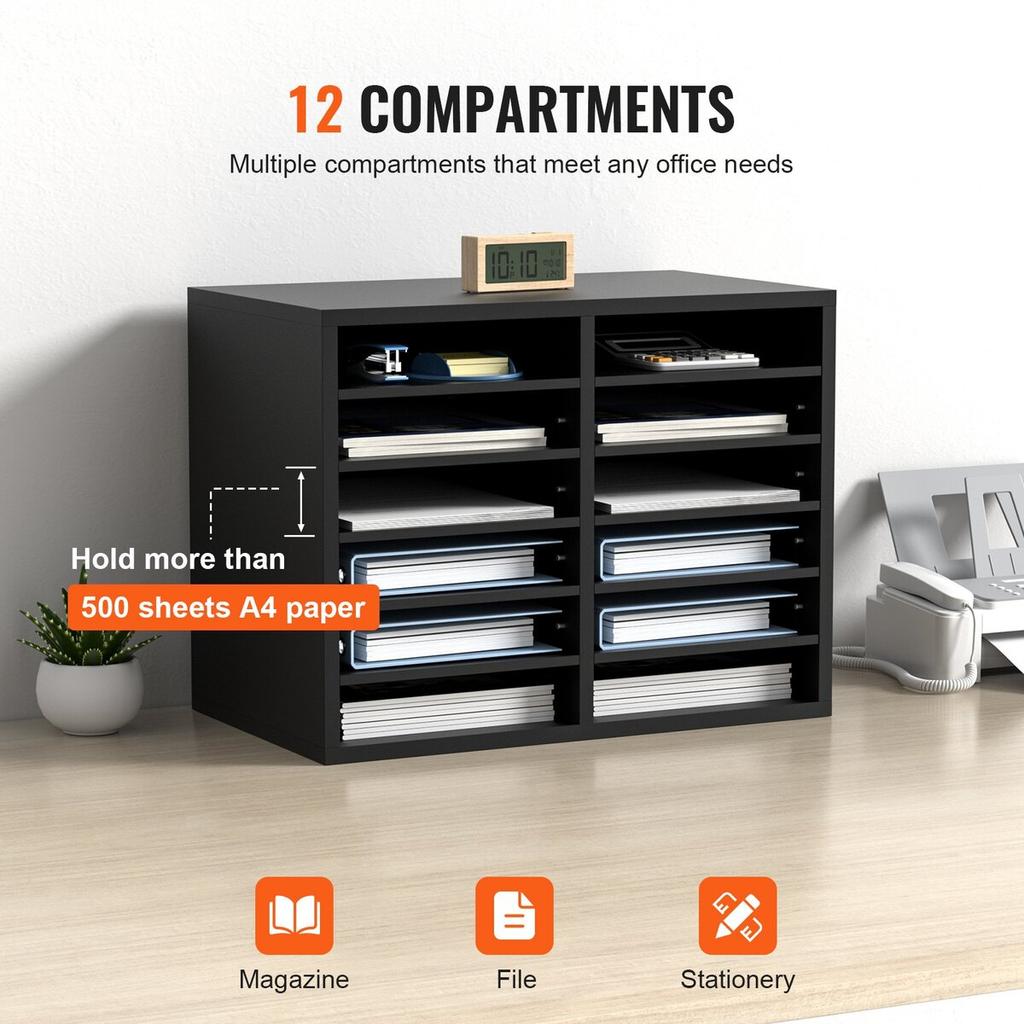 Wood Literature Organizer, 12 Compartments, File Sorter with Removable Shelves, Mailboxes Slot for Office Home Classroom Mailrooms Organization, EPA