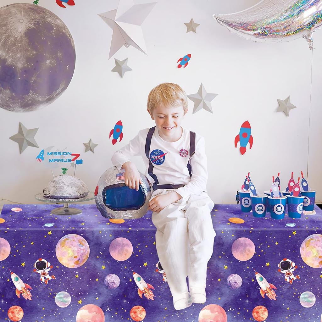 4 Pack Galaxy Tablecloth - Astronaut Rocket Table Cover - Space Planet Decorations - 86 X 51 Inch