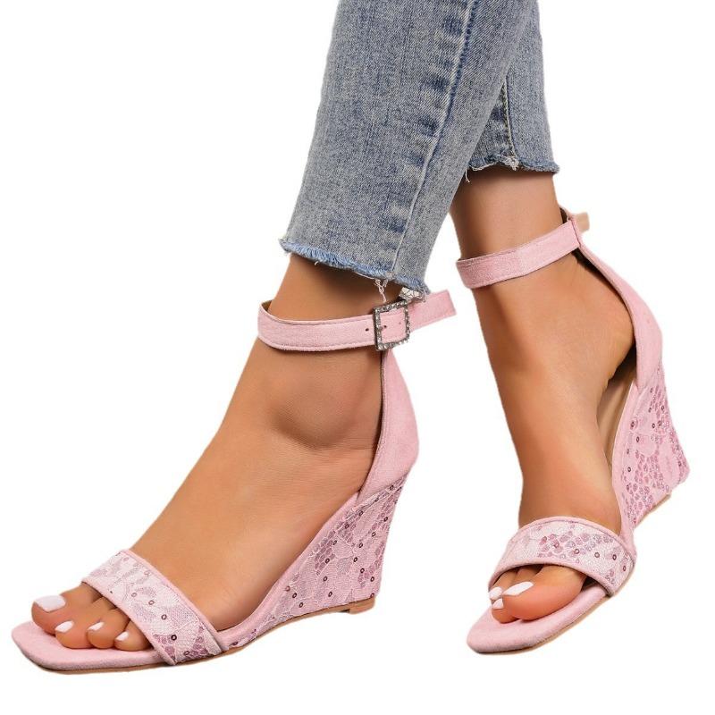 Summer new wish large size square head wedge sandals flat casual one-word buckle high-heeled sandals women