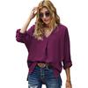Women's V Neck Three Quarter Sleeve Blouse Loose Fit Office Solid Color High Low Hem Shirt Casual Work Top For Autumn Daily Wear