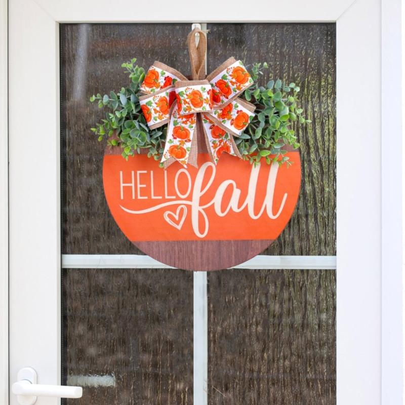 Vibranting Hand Carveds Pumpkins with Bowknot Designs Sturdy Wood Decoration for Seasonal Window and Door Display