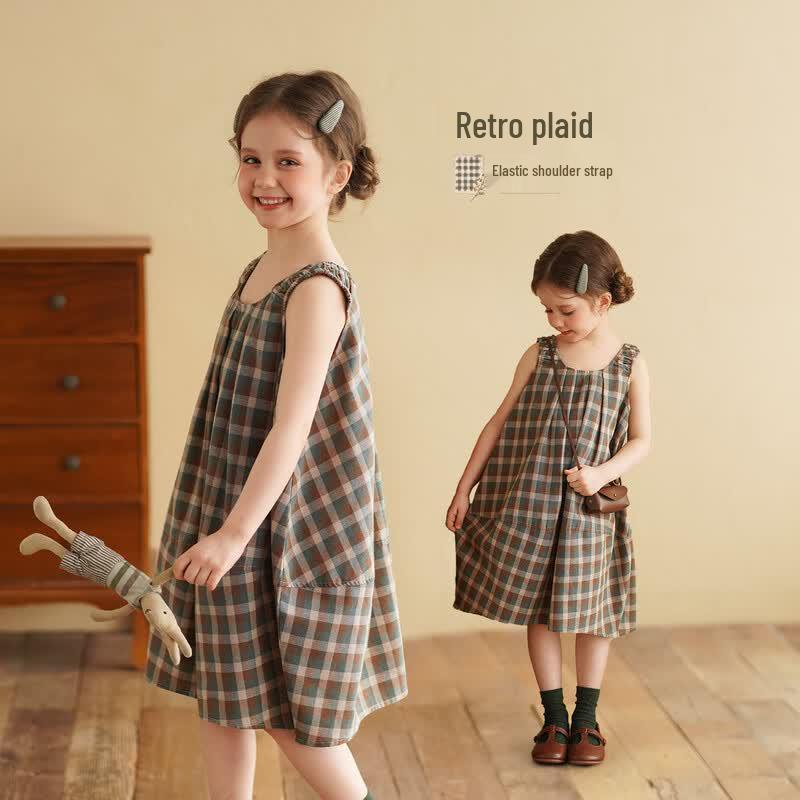 Girls  Summer Retro Plaid Suspender Dress 80