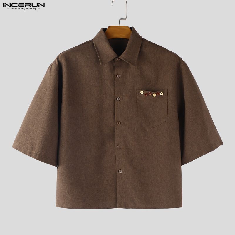 INCERUN Oversized Men Lapel Neck Short Sleeve Loose Casual Shirts
