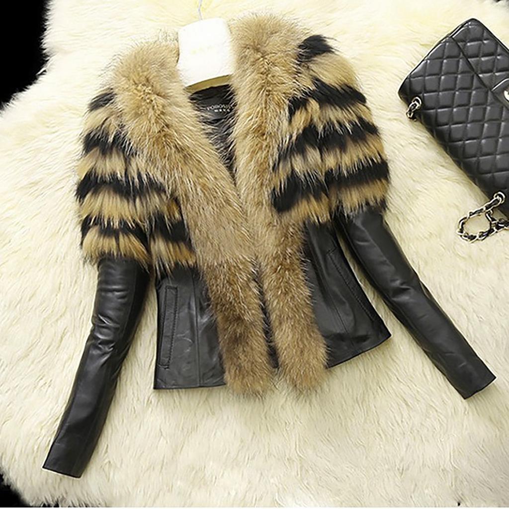 Womens Fashion Warm Plush Pocket Long Sleeve Imitation Leather Collar Coat