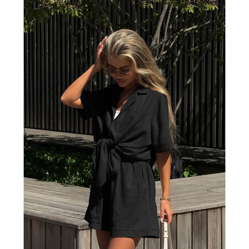 

Western Style Fashion Casual Loose Short sleeve Shirts Shorts Set Loose Shirt and Shorts Set Black L
