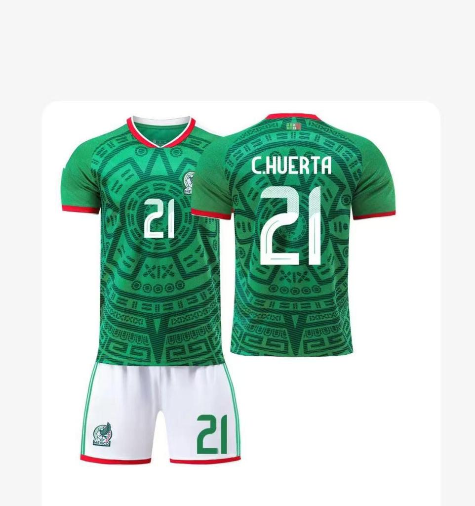 Kids' Mexico Football Jersey Set: Home No. 14 Hernandez & No. 22 Lozano.