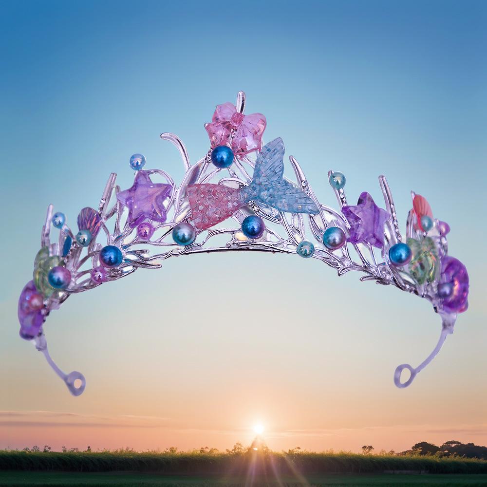 

Floral Ocean Breeze Princess Headpiece: Dual-Use Birthday Crown with Gemstone Fishtail Design for Adults & Girls
