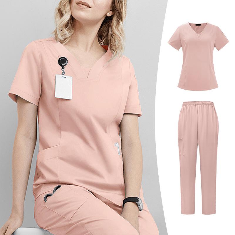 Women Nurse Uniform Two-piece Set Summer Elastic Quick-drying Thin Section V-neck Short-sleeved + Straight Trousers Hand-washing Clothes