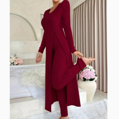 Sensazione di Design Top a Maniche Lunghe con Spacco e Girocollo e Pantaloni Set Due Pezzi con Stile Primaverile/Autunnale a Quadri