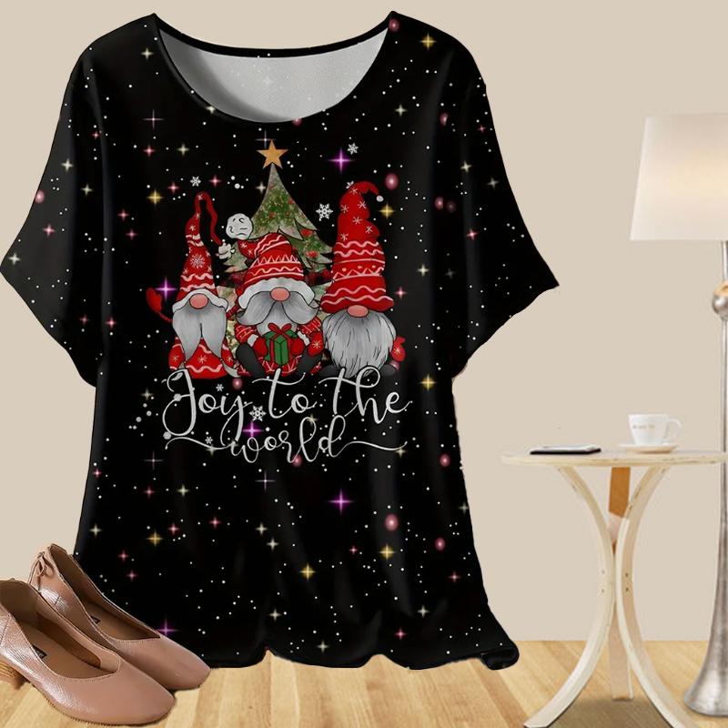 Women's Casual Loose Spring Shirt Women's Short Sleeve Santa Claus Printed Tops