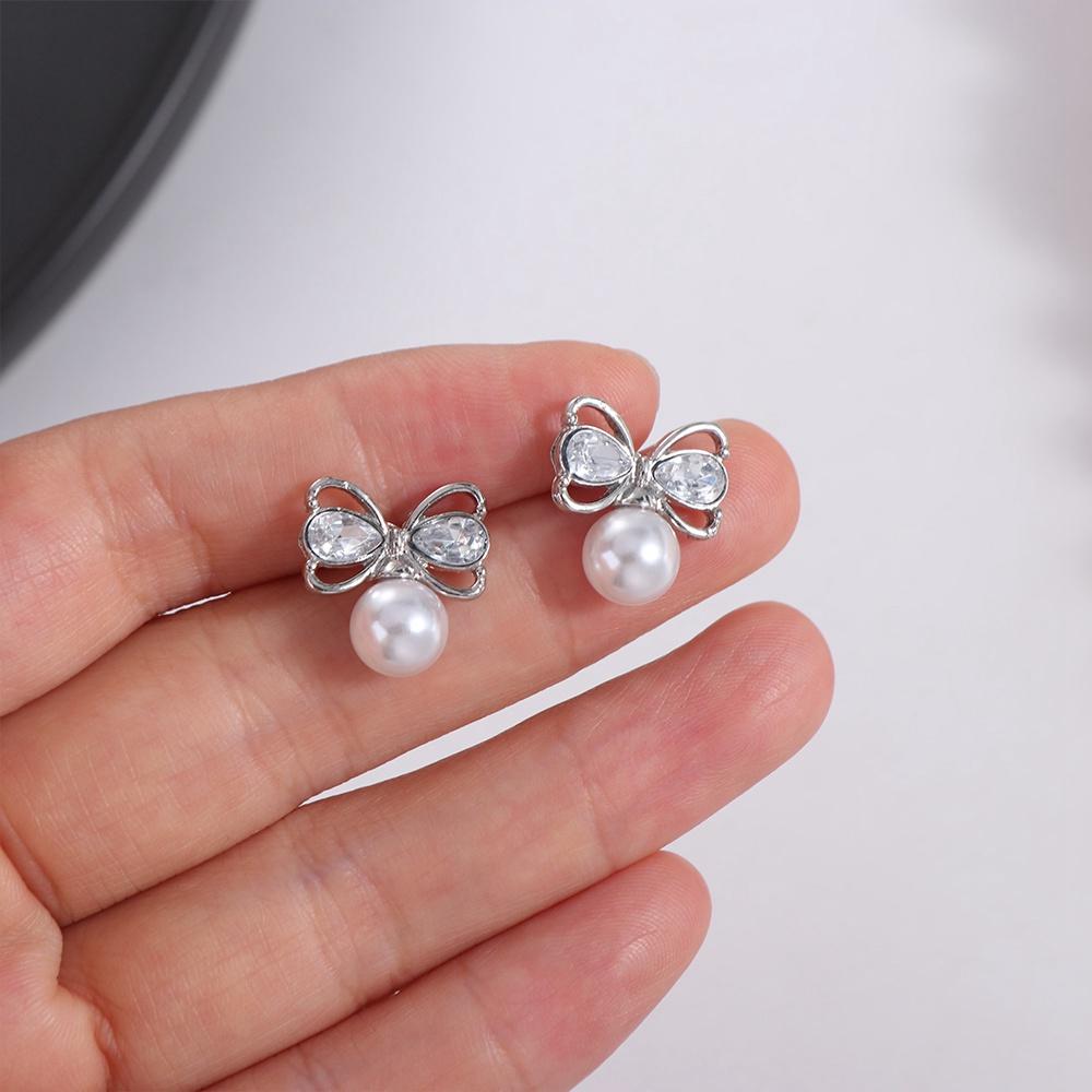 

Inlaid Rhinestone Temperament Pearl Earrings Pendant Bowknot Drop Earrings Party белый