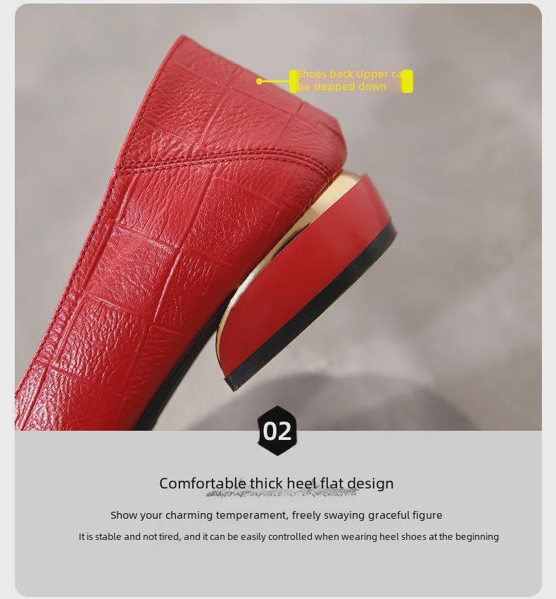 Women's Soft Leather Pointed-Toe Flats with Thick Heel, Versatile for Spring & Autumn